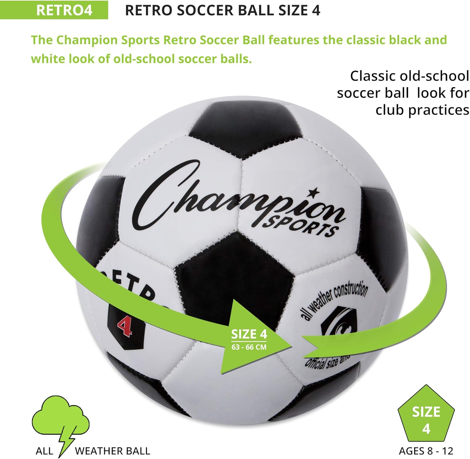 Champion Sports? Retro Soccer Ball – Classic Black & White Design, Soft-Touch TPU Cover, All-Weather Ball for Club Play, Gym Class & Recreation, Multiple Sizes - Image 3
