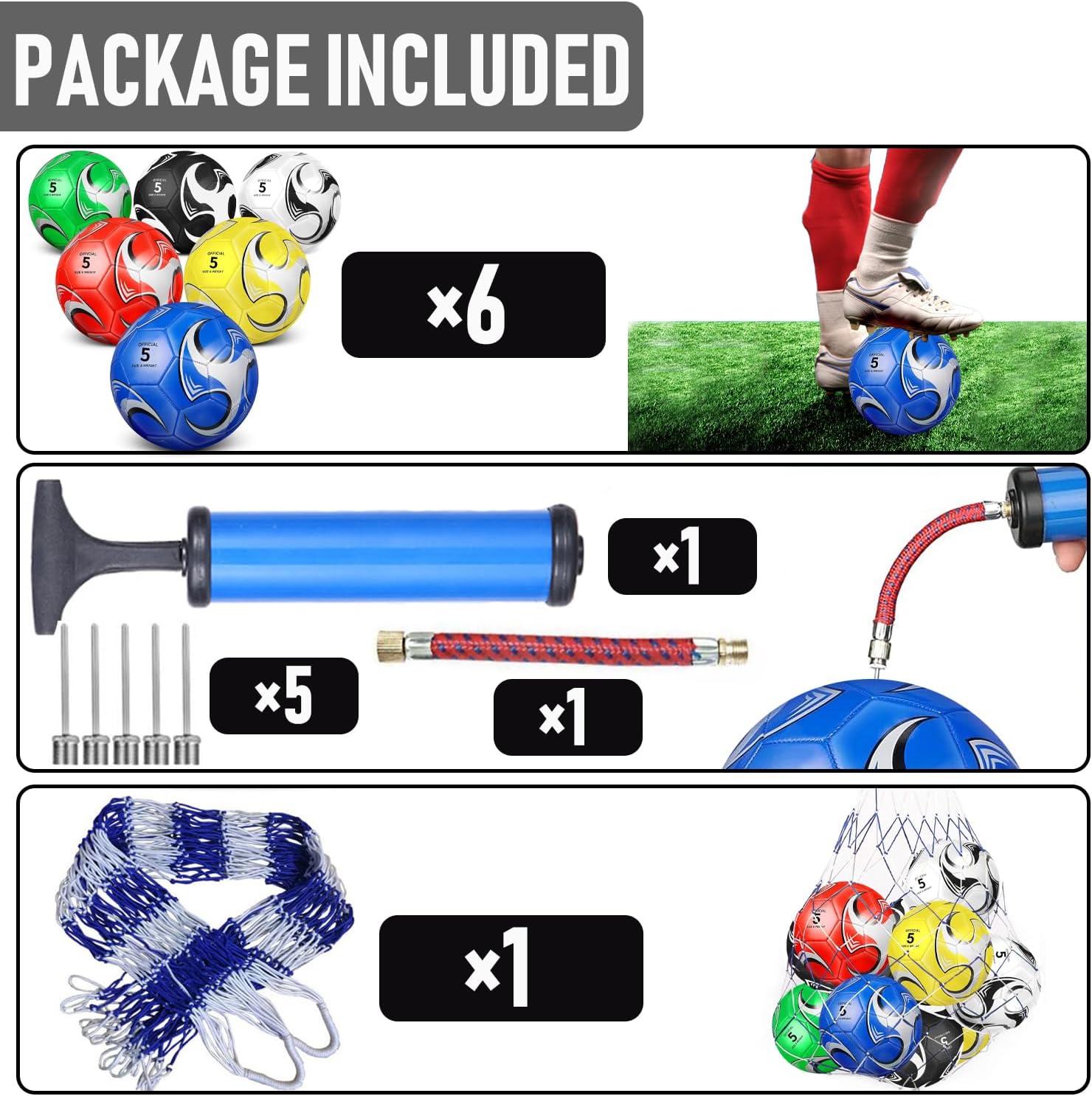 6 Pack Size 5/4/3 Soccer Balls for Training & Matches – Official Size & Weight, Includes Carry Net, Needles, Air Pump – Ideal for Youth and Adult Players - Image 5