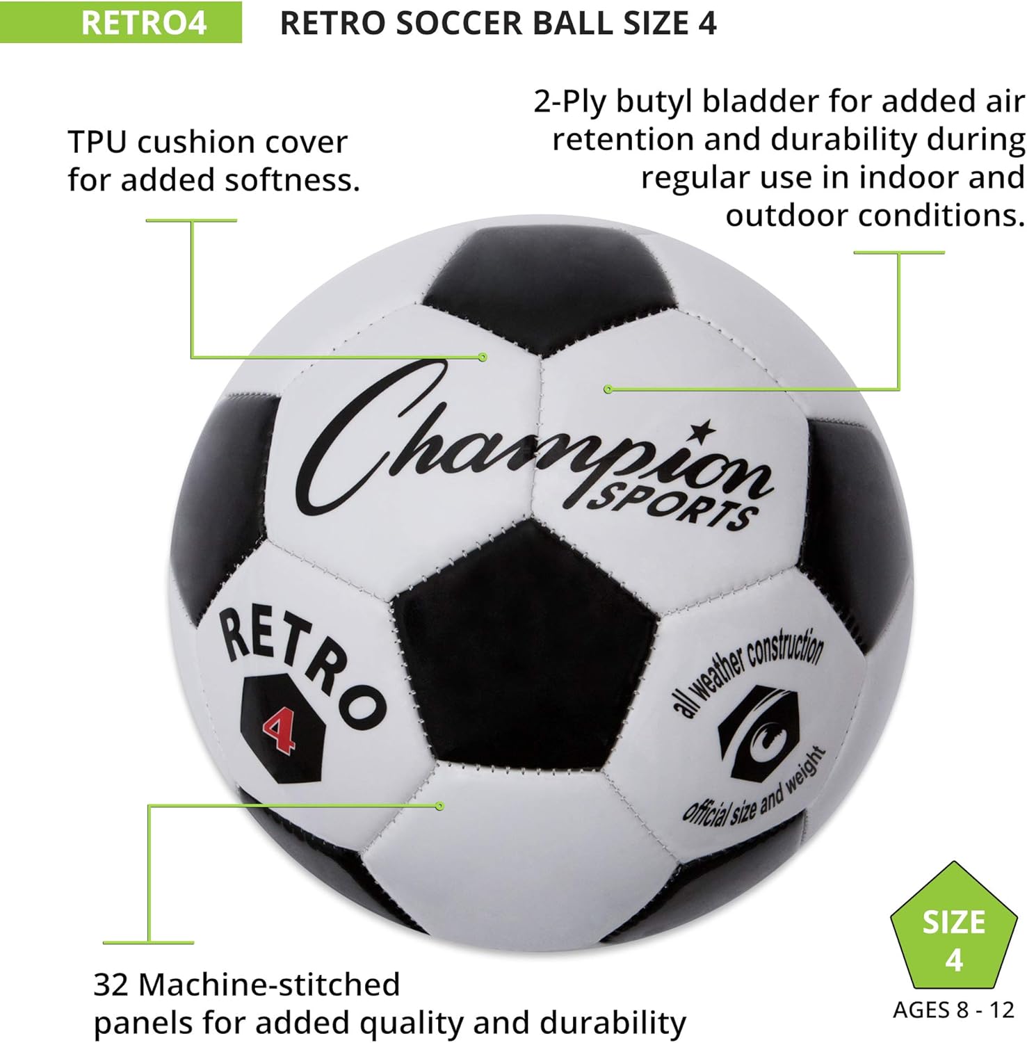 Champion Sports? Retro Soccer Ball – Classic Black & White Design, Soft-Touch TPU Cover, All-Weather Ball for Club Play, Gym Class & Recreation, Multiple Sizes - Image 4