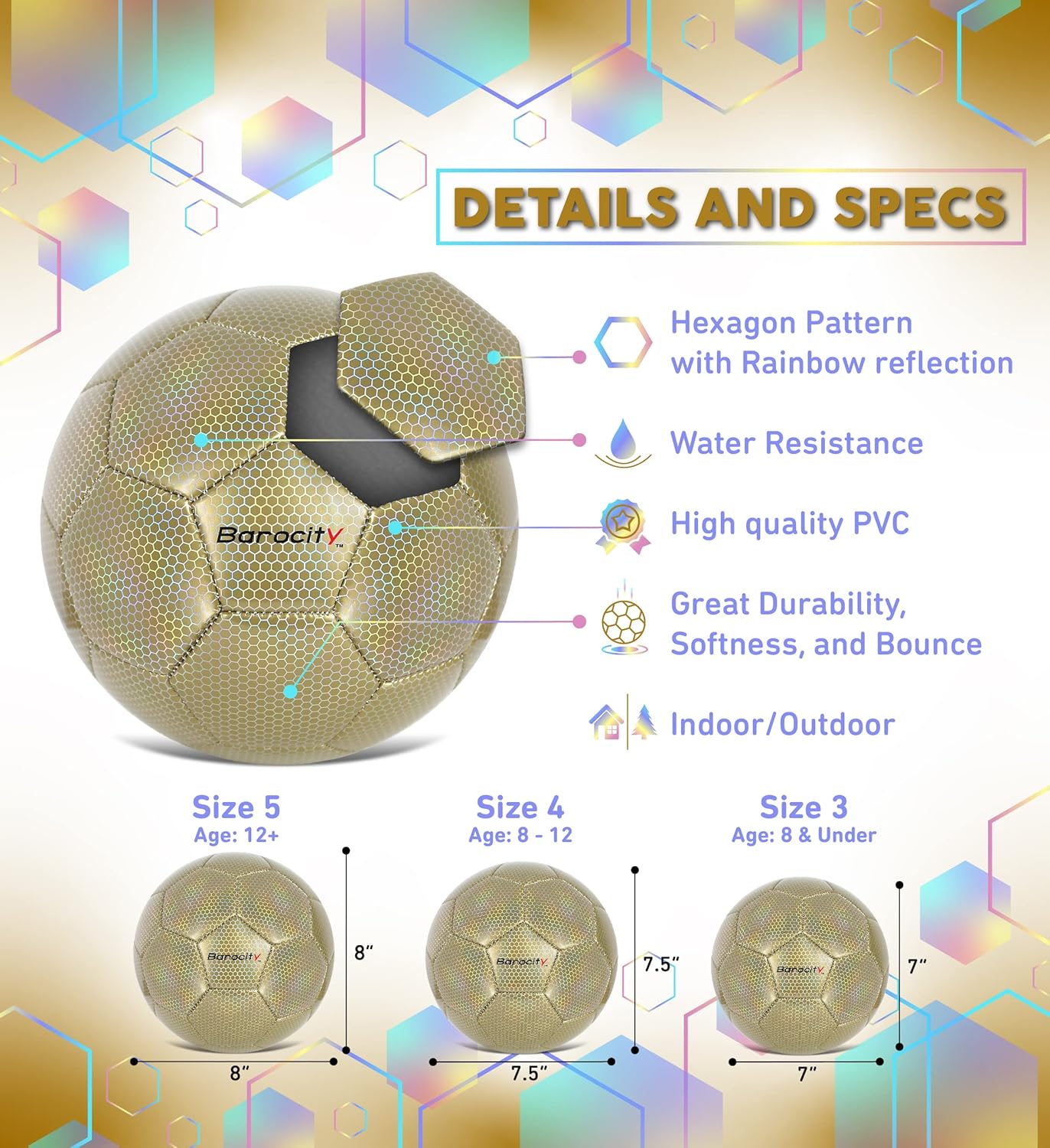 Soccer Ball - Premium Boy and Girl Official Match Ball with Cool Reflective Iridescent Rainbow Hex Pattern, Durable, Indoor, Outdoor, Training, Practice, Playtime and Games - Image 2