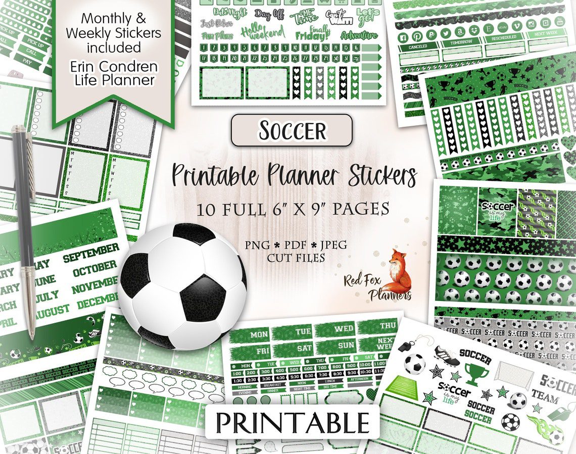 SOCCER Erin Condren Printable Planner Sticker Kit, sports, ball, soccer field, college sports, backboard, cleats, soccer ball, futbol - Image 2