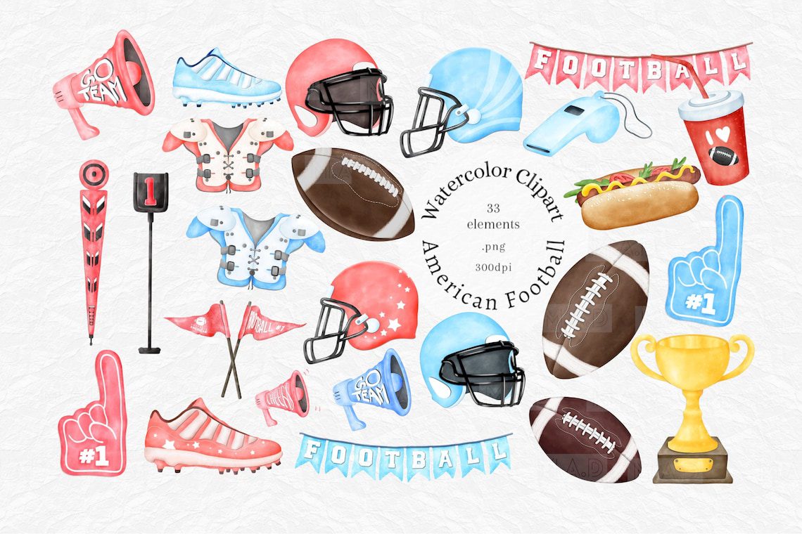 Watercolor American Football Clipart Set: 33 PNG Graphics (Digital Download, Commercial Use OK*) - Image 2