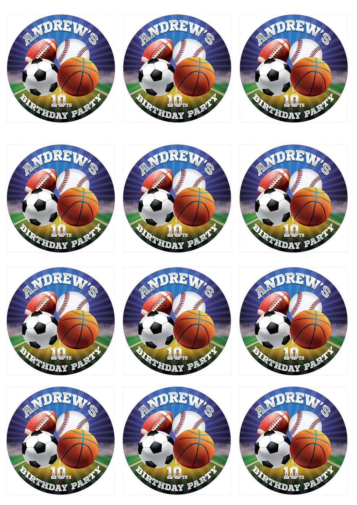 Sports Birthday Stickers: Football, Soccer, Basketball, Baseball (Printable) - Image 3