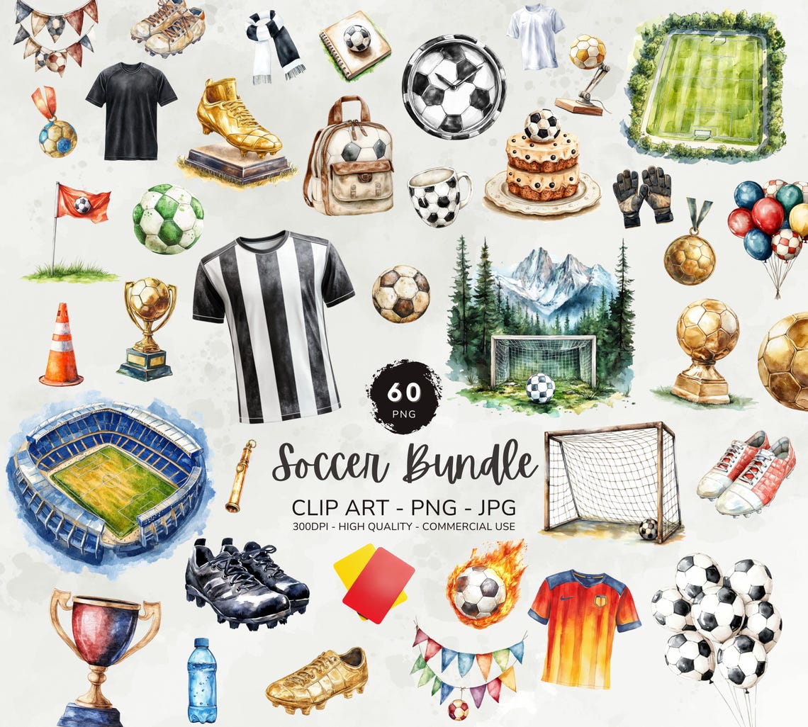 Soccer Clipart Bundle, Watercolor Football Clipart, Soccer Ball Clipart, Soccer Graphics, Sports Clipart, Commercial Use, Digital Download - Image 2