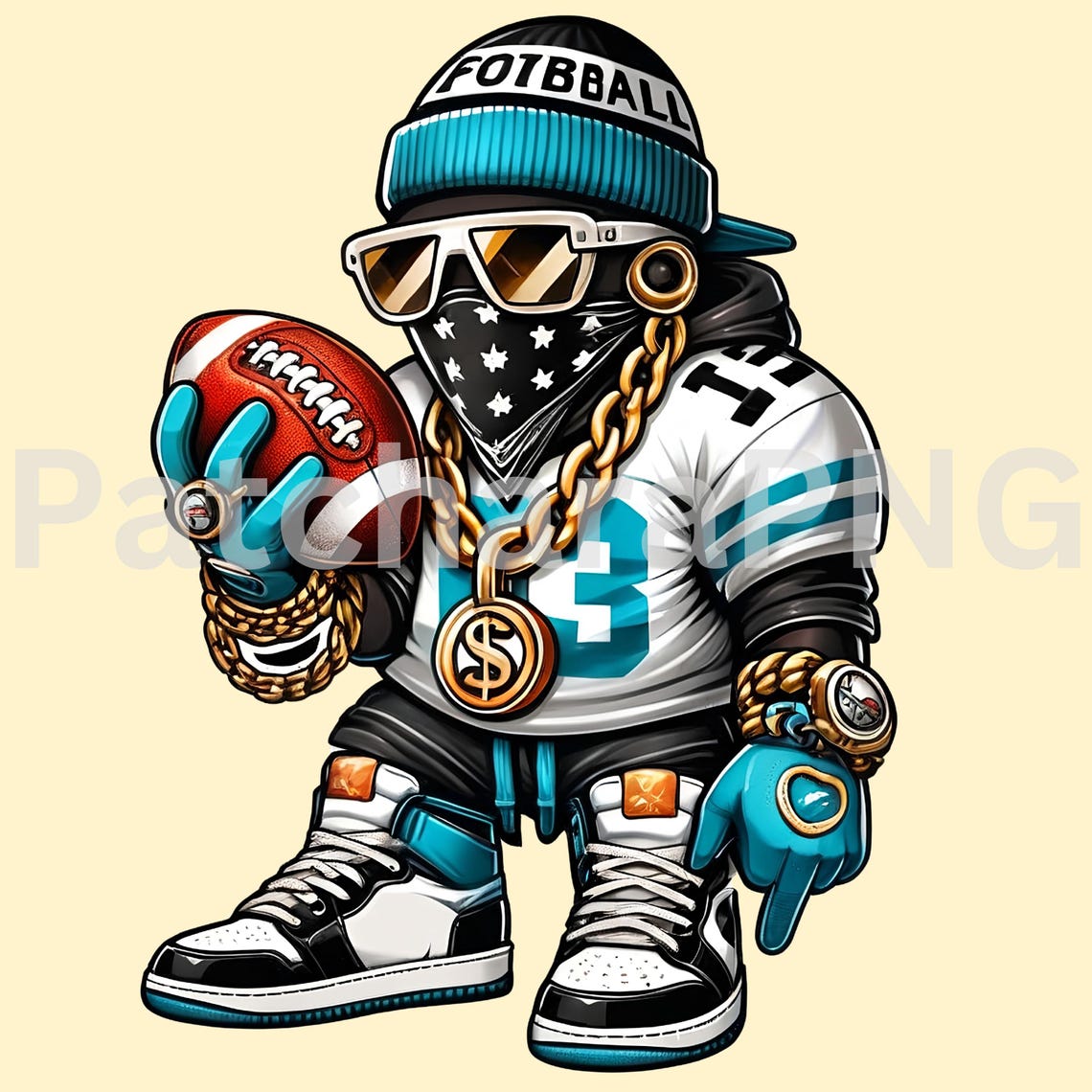 Hip-Hop Football Player Cartoon Clipart | Cool Football Character with Gold Chain & Helmet | Digital Download PNG for T-Shirts, Sublimation - Image 3