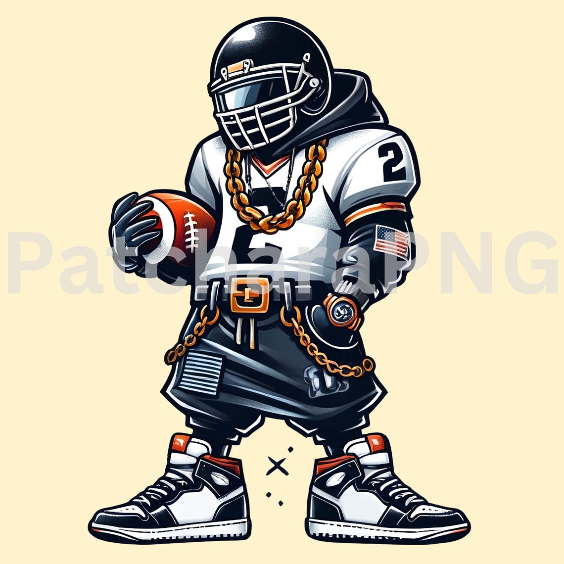 Hip-Hop Football Player Cartoon Clipart | Cool Football Character with Gold Chain & Helmet | Digital Download PNG for T-Shirts, Sublimation - Image 6