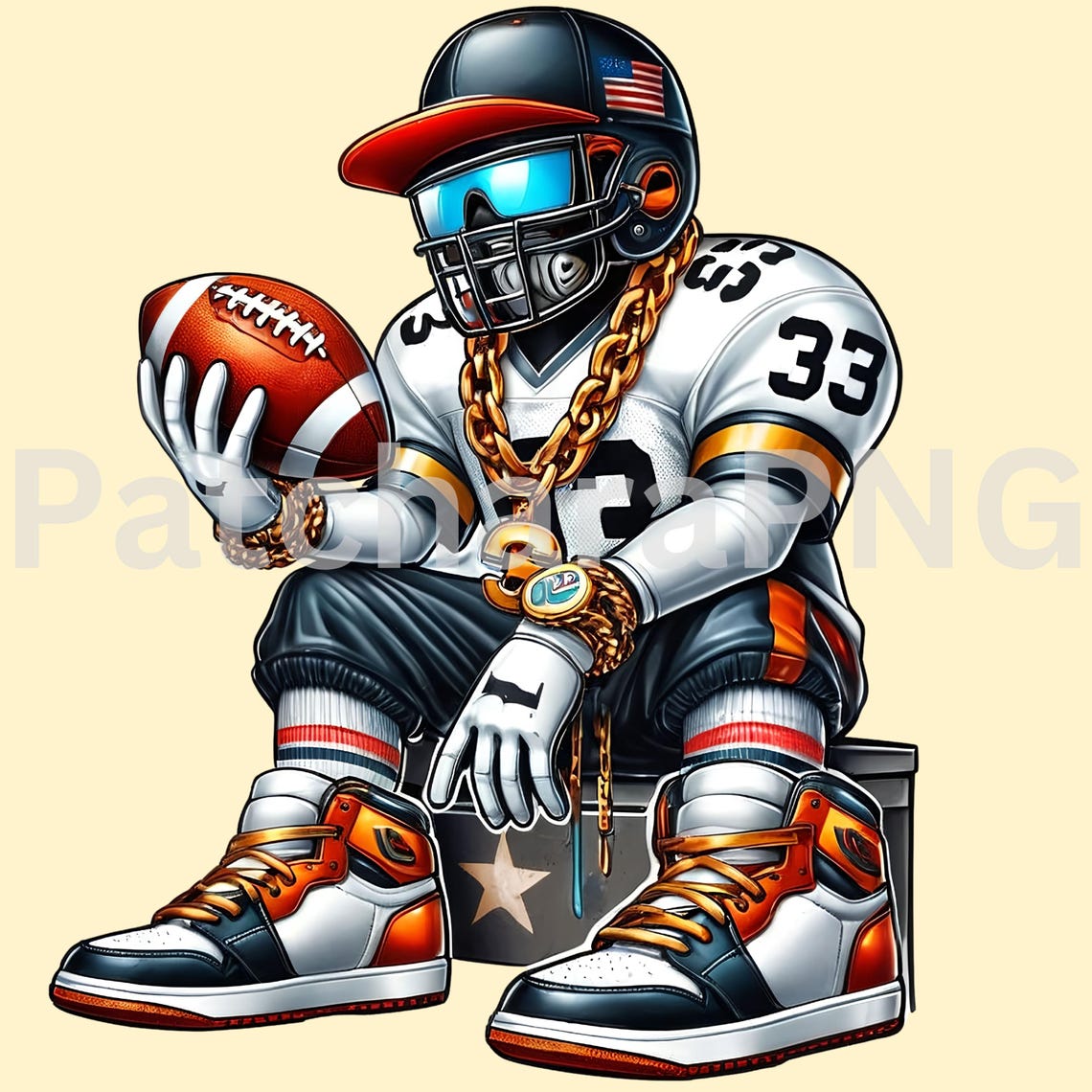 Hip-Hop Football Player Cartoon Clipart | Cool Football Character with Gold Chain & Helmet | Digital Download PNG for T-Shirts, Sublimation - Image 5
