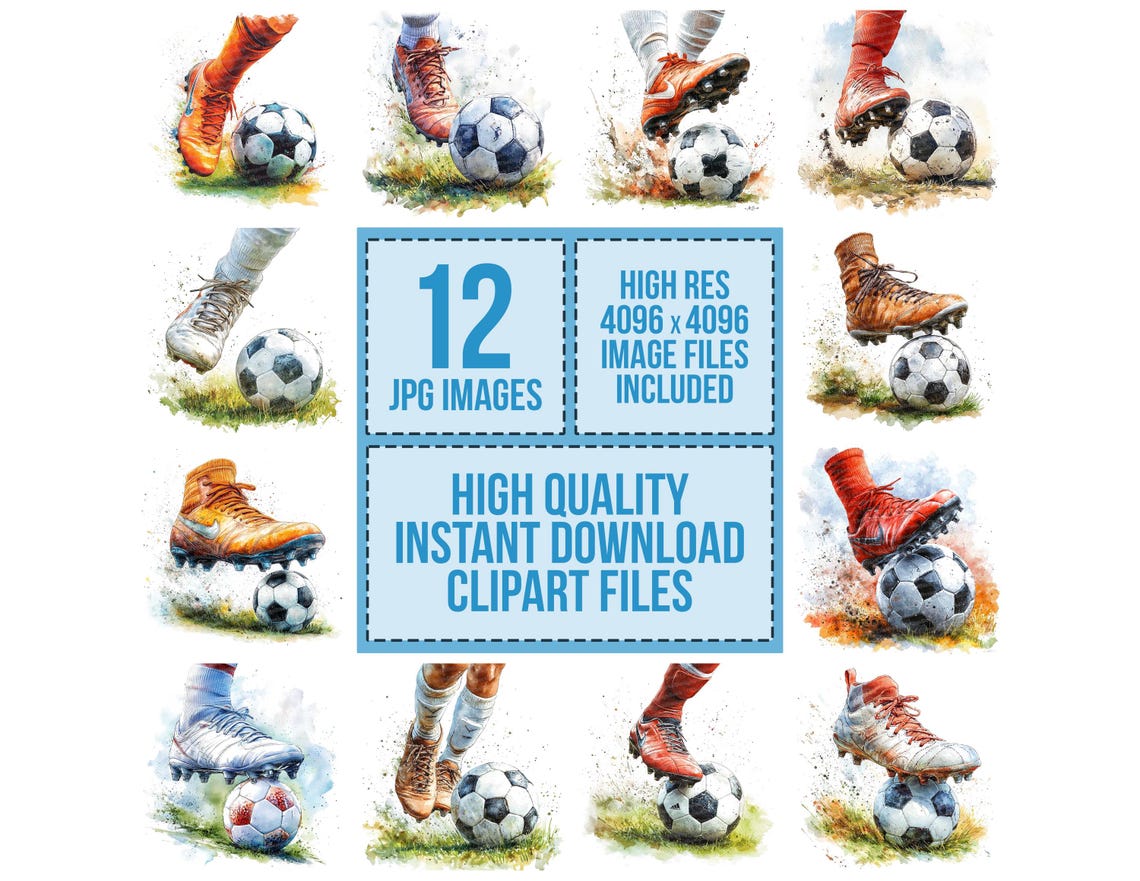 Soccer Clip Art, 12x Football Watercolor Clipart Set, Printable Sports Clip Art, Digital Download, Soccer Action, Paper Crafts, Junk Journal - Image 3