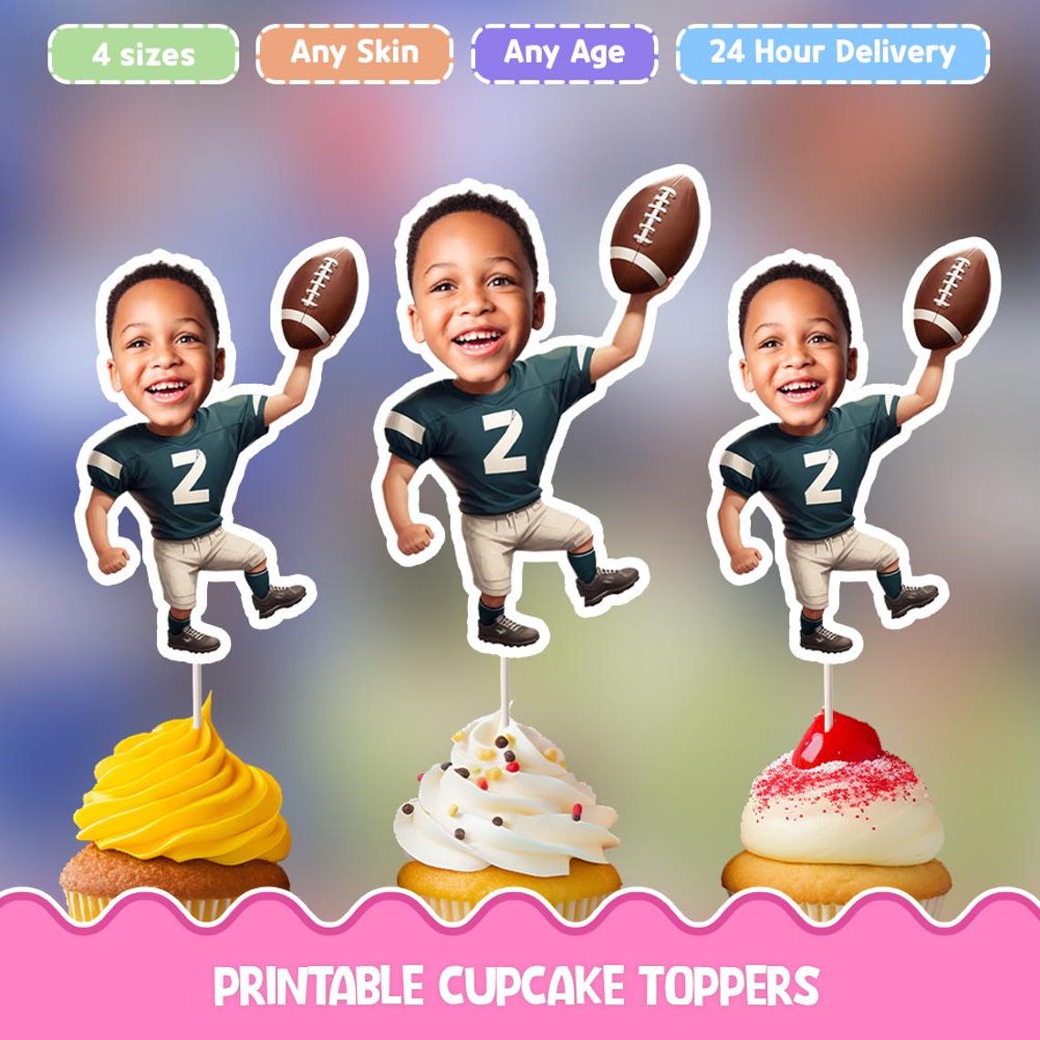 Football Personalized face cupcake toppers - Digital Printable cupcake toppers for birthday decor - Image 2