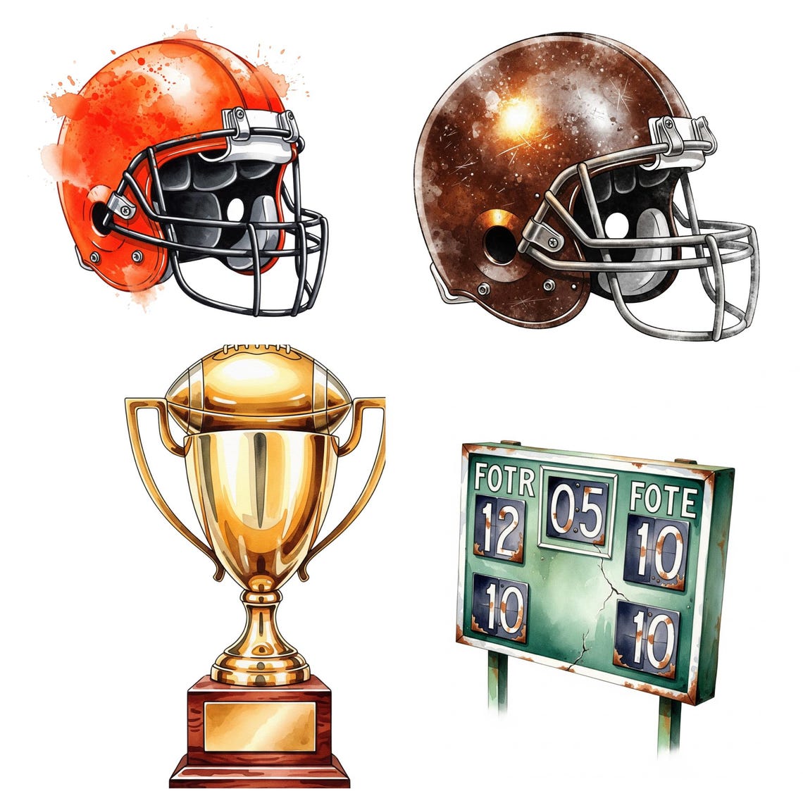 American Football Clipart Bundle, Watercolor Football PNG, Sport Graphics, Helmet, Scoreboard, Sublimation, Instant Download, Commercial Use - Image 6