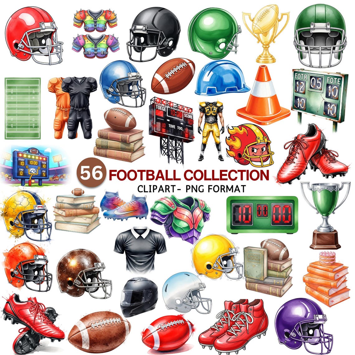 American Football Clipart Bundle, Watercolor Football PNG, Sport Graphics, Helmet, Scoreboard, Sublimation, Instant Download, Commercial Use - Image 2