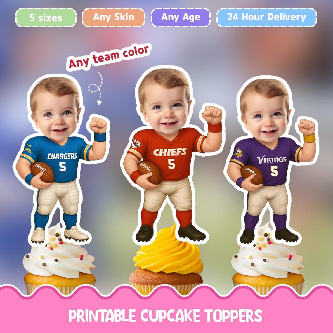 American Football Player Personalized face cupcake toppers - Digital Printable cupcake toppers for birthday decor - Image 2