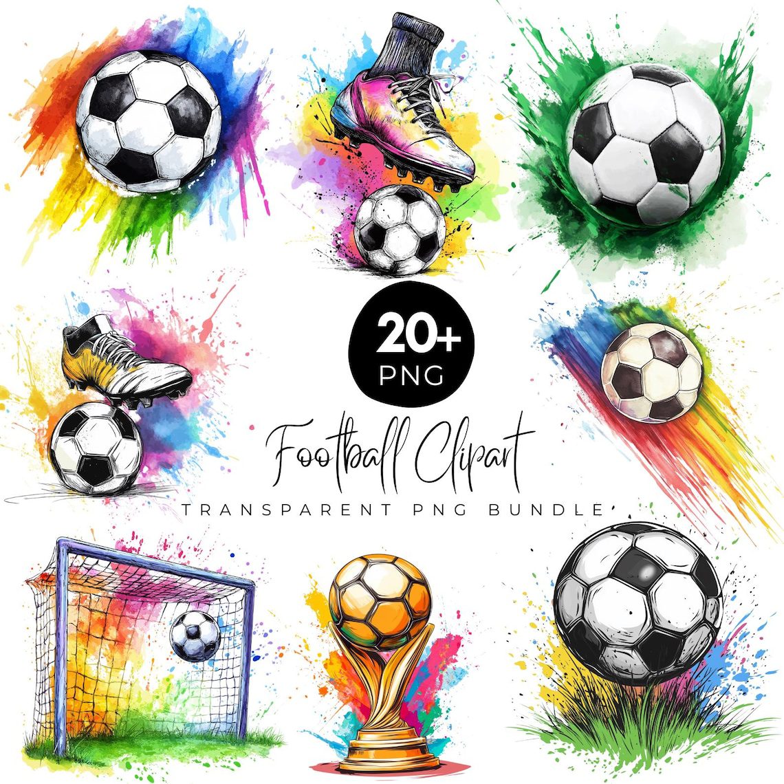 20 Watercolor Football Clipart, Sports Clipart Set, Football Goal PNG,Watercolor Soccer Elements, FootBall PNG Bundle, Digital Football Art - Image 2