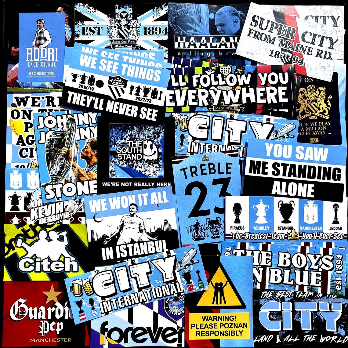 100 x Manchester City Stickers - Based on MCFC Rodri Istanbul South Stand Flag Etihad Poster Scarf Shirt Badge Ultras Guardiola 93:20 - Image 2