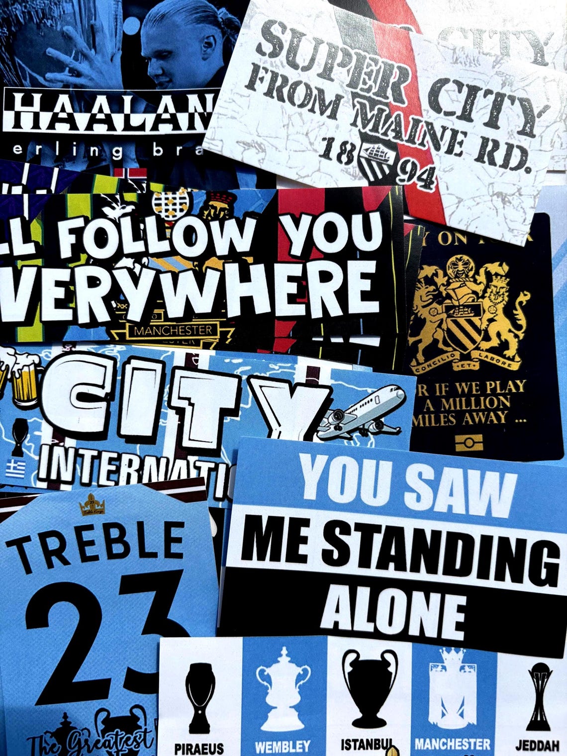 100 x Manchester City Stickers - Based on MCFC Rodri Istanbul South Stand Flag Etihad Poster Scarf Shirt Badge Ultras Guardiola 93:20 - Image 3