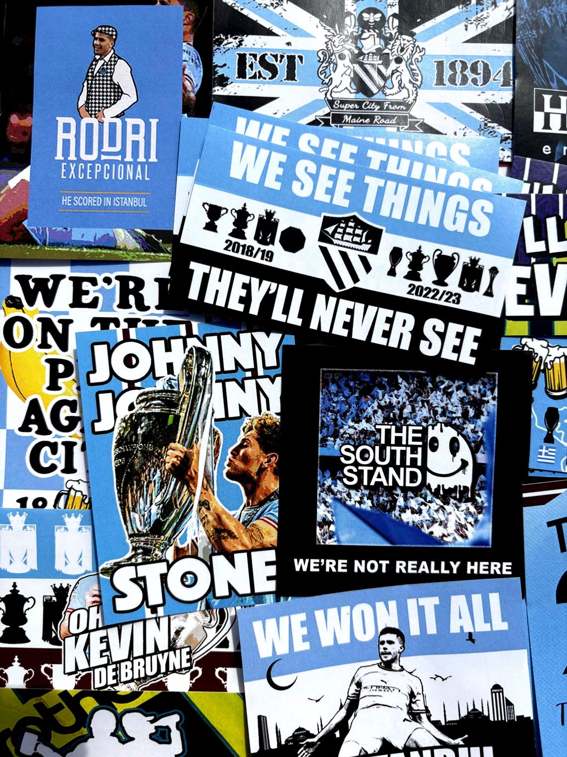 100 x Manchester City Stickers - Based on MCFC Rodri Istanbul South Stand Flag Etihad Poster Scarf Shirt Badge Ultras Guardiola 93:20 - Image 6