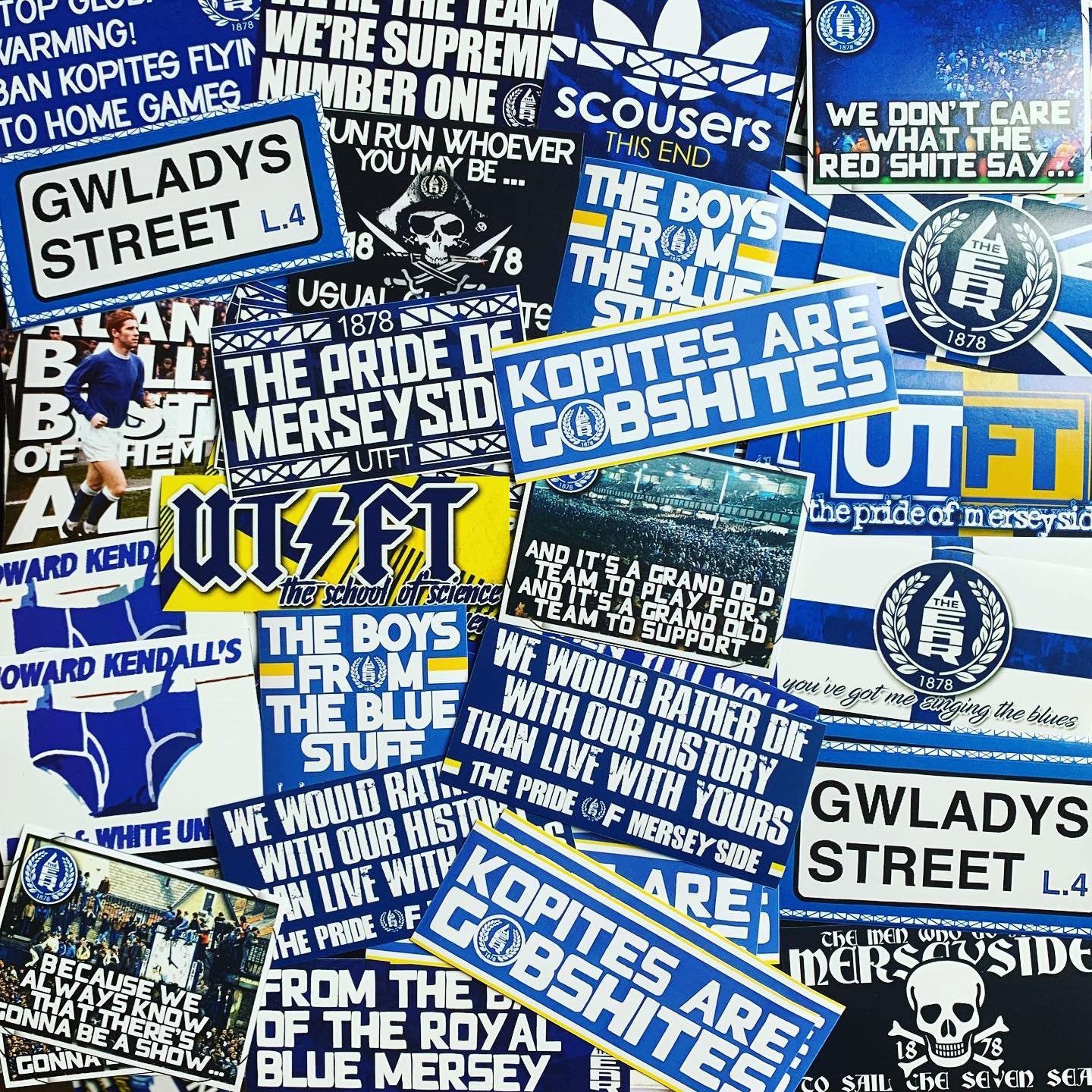 100 x Everton Stickers - Based on Scarf Shirt Banner Programme EFC Goodison Poster Pin Badge Flag Ultras Adidas Beatles Toffees Casuals