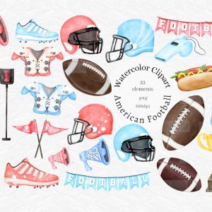 Watercolor American Football Clipart Set: 33 PNG Graphics (Digital Download, Commercial Use OK*)