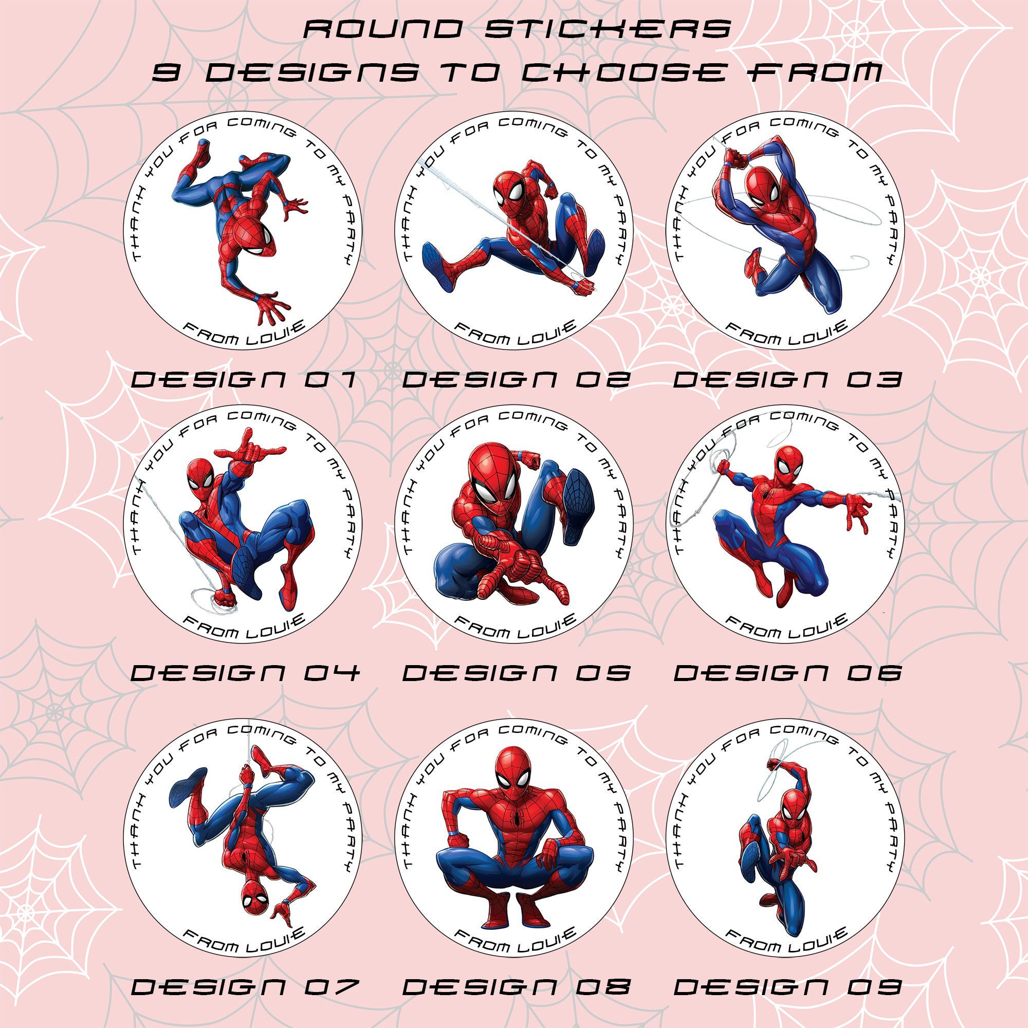 Personalised Spiderman Superhero Inspired Round Matt Party Stickers