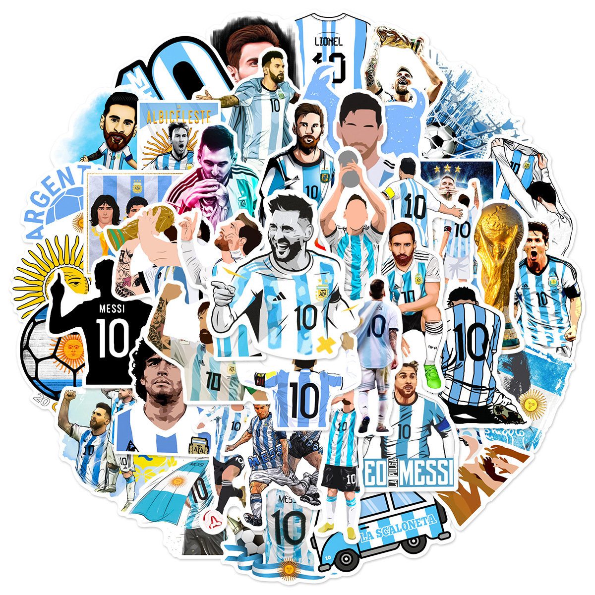 50 Messi or Maradona Stickers Pack – Waterproof Soccer Stickers – Retro Football GOAT Vinyl Stickers for Laptop, Bottle, Car