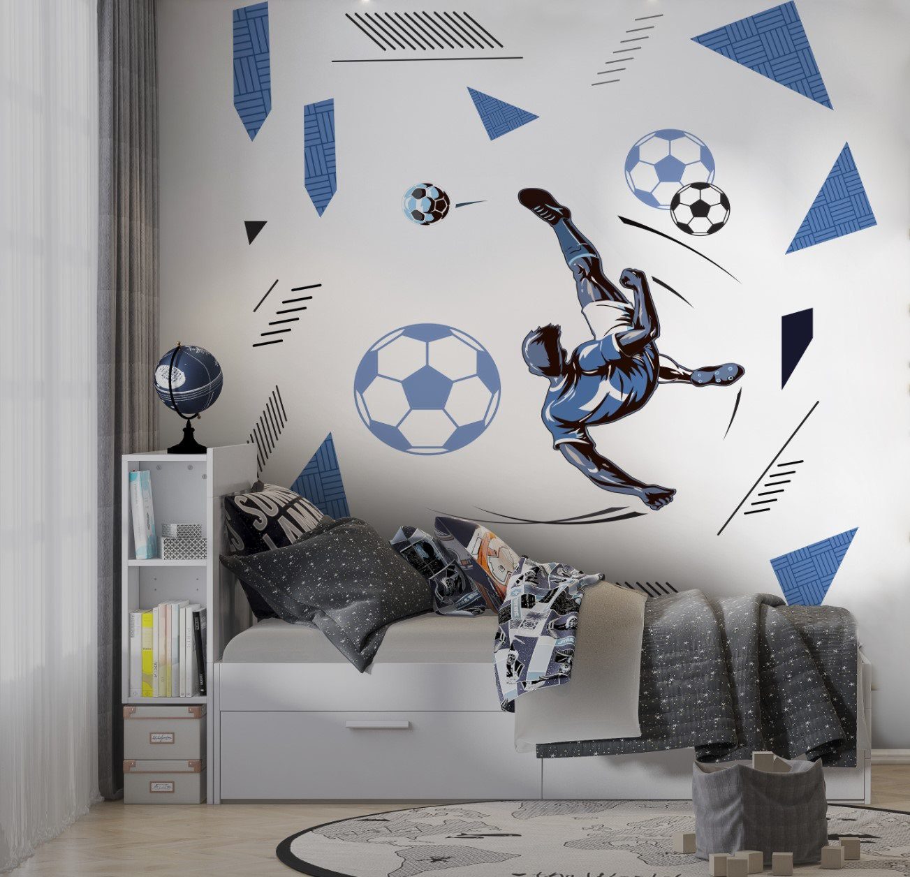 Soccer Wall Sticker Boys Room , Football Themed Wall Decal Set for Kids , Soccer Ball Sticker for Kids , Peel and Stick Wall Decal Football