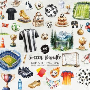 Soccer Clipart Bundle, Watercolor Football Clipart, Soccer Ball Clipart, Soccer Graphics, Sports Clipart, Commercial Use, Digital Download
