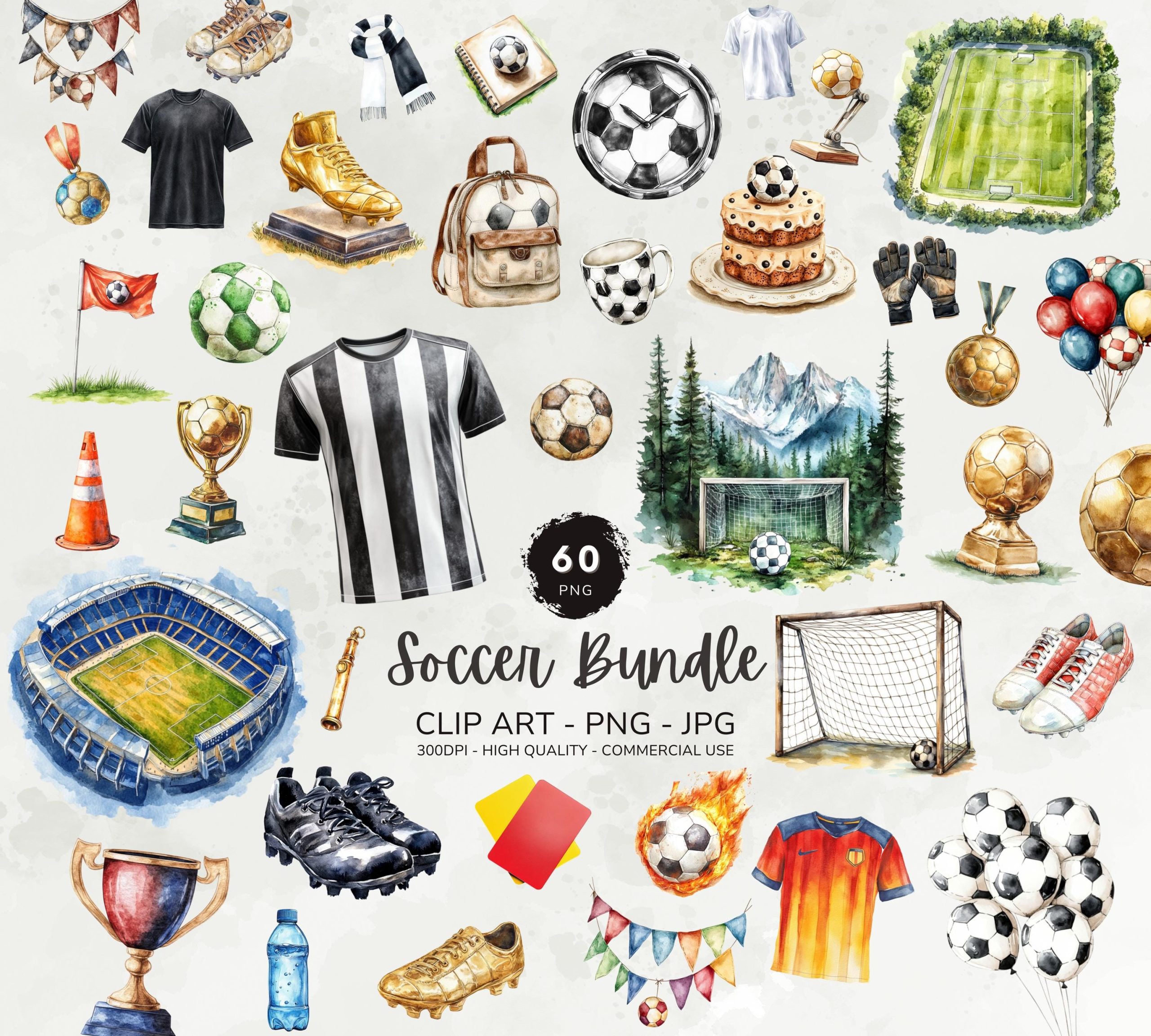 Soccer Clipart Bundle, Watercolor Football Clipart, Soccer Ball Clipart, Soccer Graphics, Sports Clipart, Commercial Use, Digital Download
