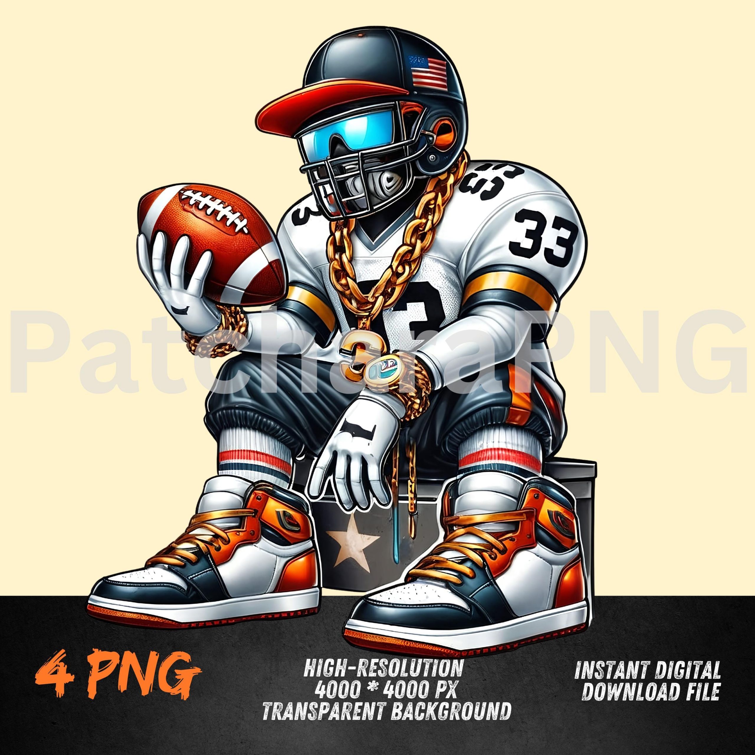 Hip-Hop Football Player Cartoon Clipart | Cool Football Character with Gold Chain & Helmet | Digital Download PNG for T-Shirts, Sublimation