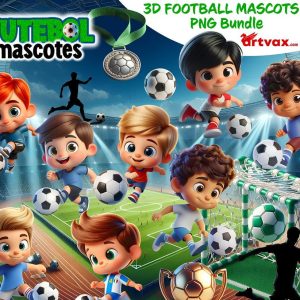 3D Football Mascots PNG Bundle, Adorable Soccer Characters for Sublimation, Cute Soccer Mascots Clipart, kids love football gift, birthday