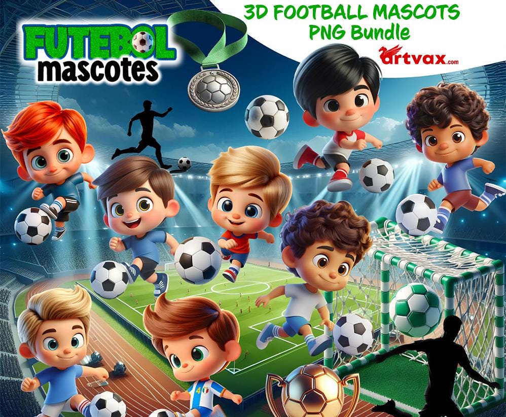 3D Football Mascots PNG Bundle, Adorable Soccer Characters for Sublimation, Cute Soccer Mascots Clipart, kids love football gift, birthday