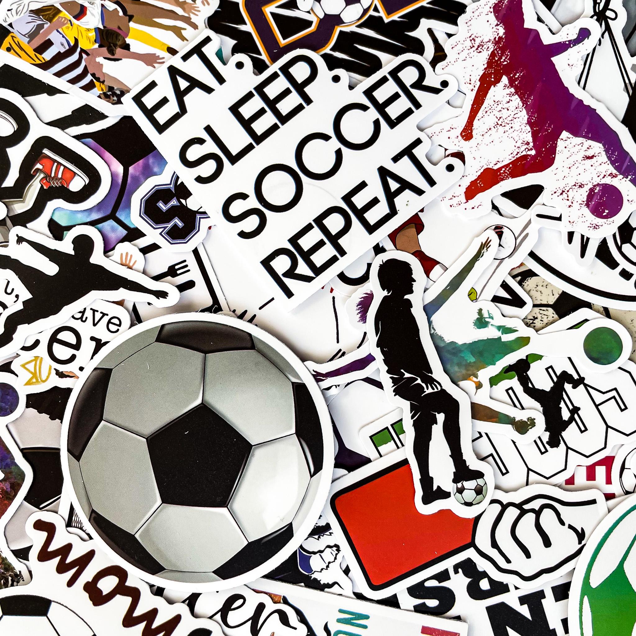 100pcs Waterproof Soccer Stickers Pack, Sports Decals, Helmet Stickers for Kids, Cool Laptop and Water Bottle Stickers, Soccer Gifts for Boy