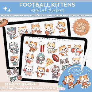 Kawaii Kitten Football Stickers: Digital Planner Clipart (PNG, GoodNotes)
