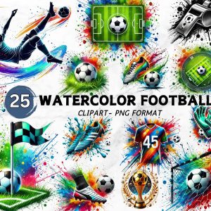 Watercolor Soccer Clipart Bundle, Football PNG Files, Soccer Ball & Shoes Clipart, Sublimation Designs, Digital Download, Commercial Use PNG