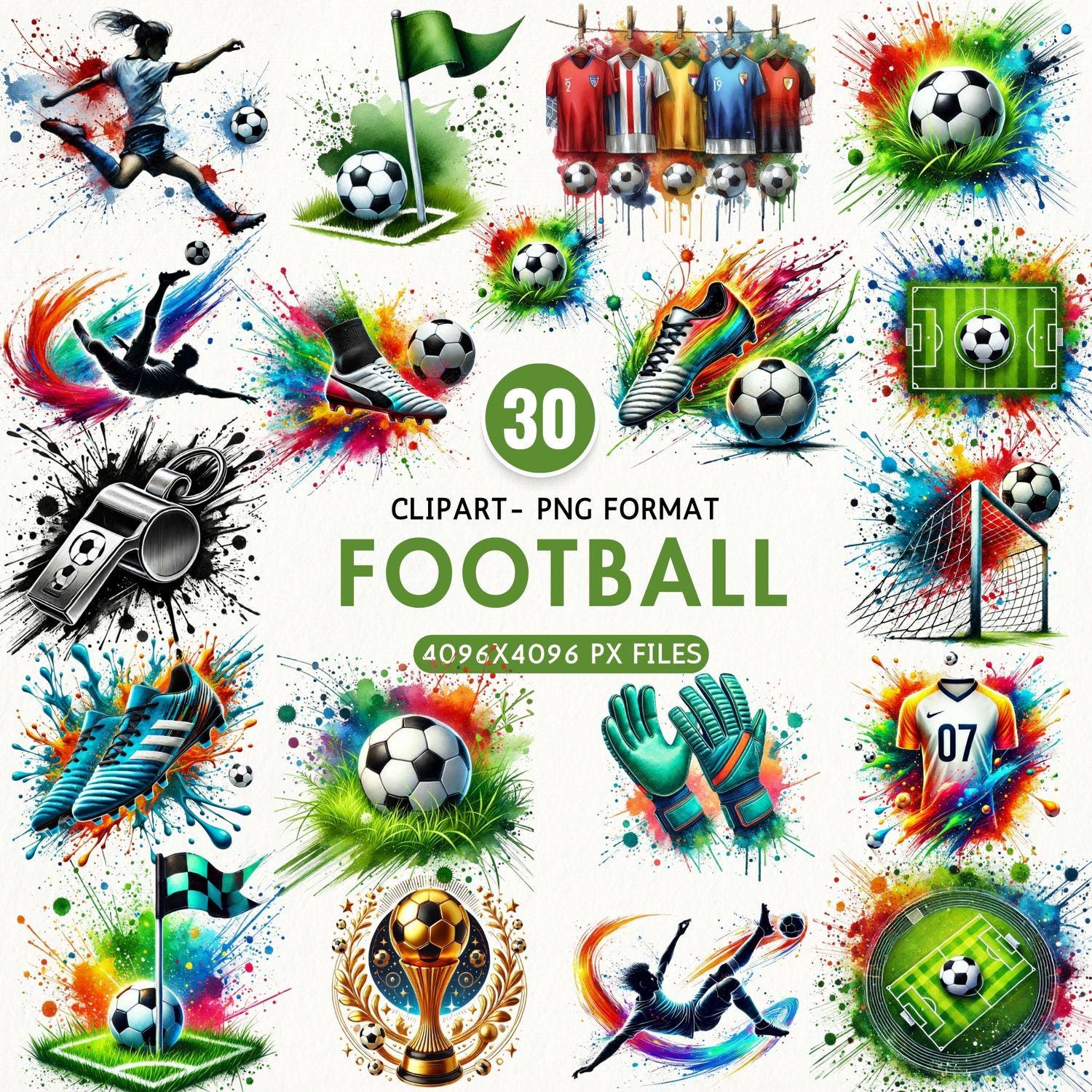 Watercolor Football Clipart, Soccer Clipart, Sports Ball PNG, Fans and Uniform Graphics, Game Day Illustrations, Sublimation, Commercial Use