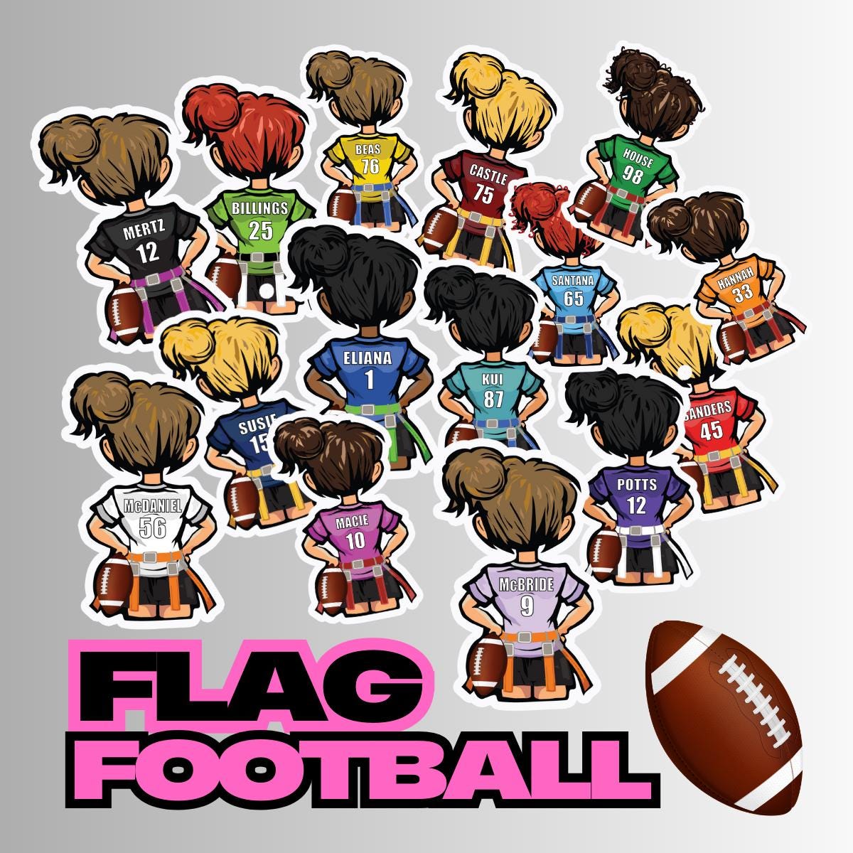 Personalized Girls Flag Football Stickers, Custom decals, Powderpuff Football,Stickers for Water bottle, Player Gift, Team, jersey,Football