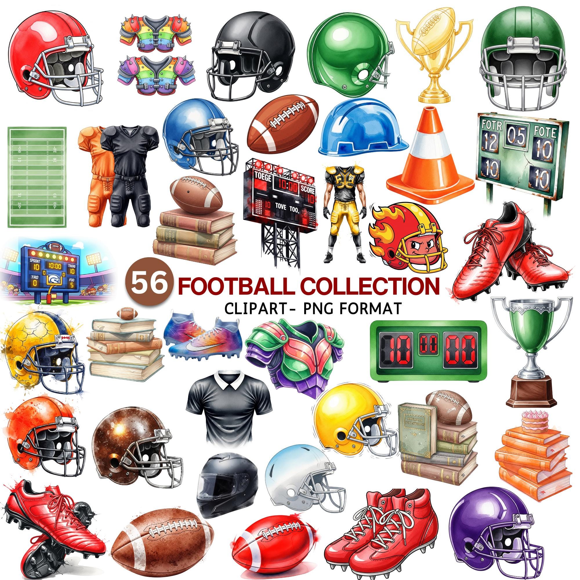 American Football Clipart Bundle, Watercolor Football PNG, Sport Graphics, Helmet, Scoreboard, Sublimation, Instant Download, Commercial Use