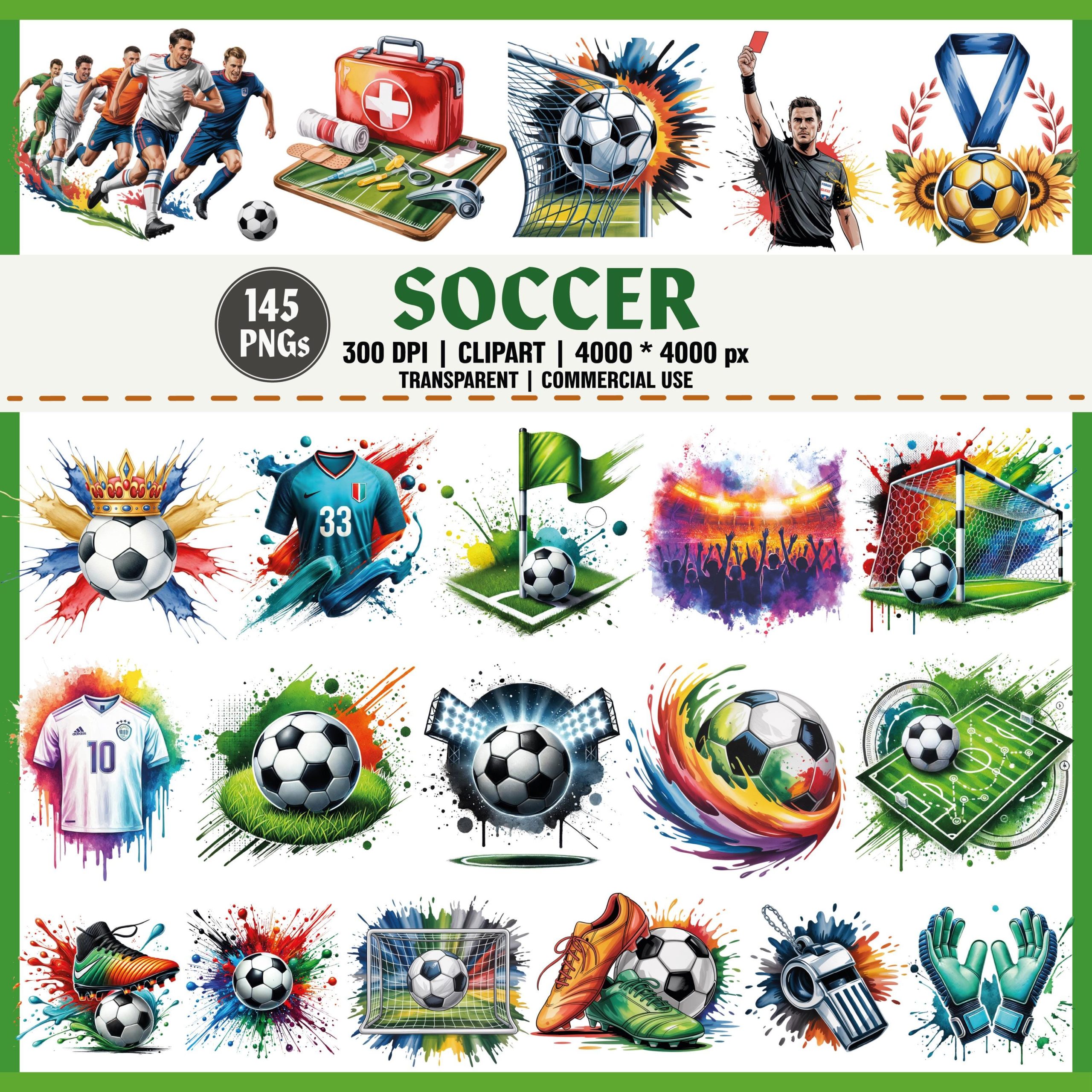 Watercolor Soccer Clipart Bundle: Balls, Jerseys, Stadium (300 DPI Digital Download