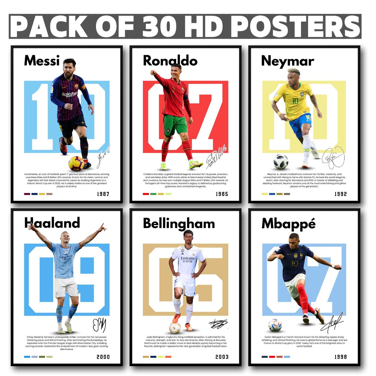 Football Legends Poster Set: Ronaldo, Messi, Neymar, Mbappe (Digital Download, Pack of 30)