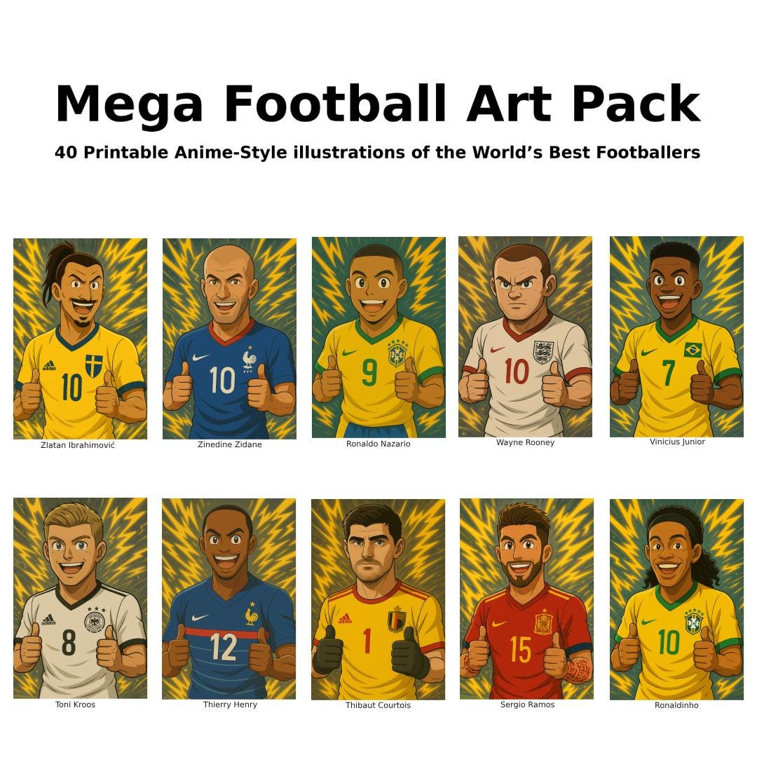 Ronaldo, Messi, Neymar, Mbappé, Kane, Lamine & More – 40 Design Bundle of the World’s Best Footballers for Stickers, Posters, Mugs and More
