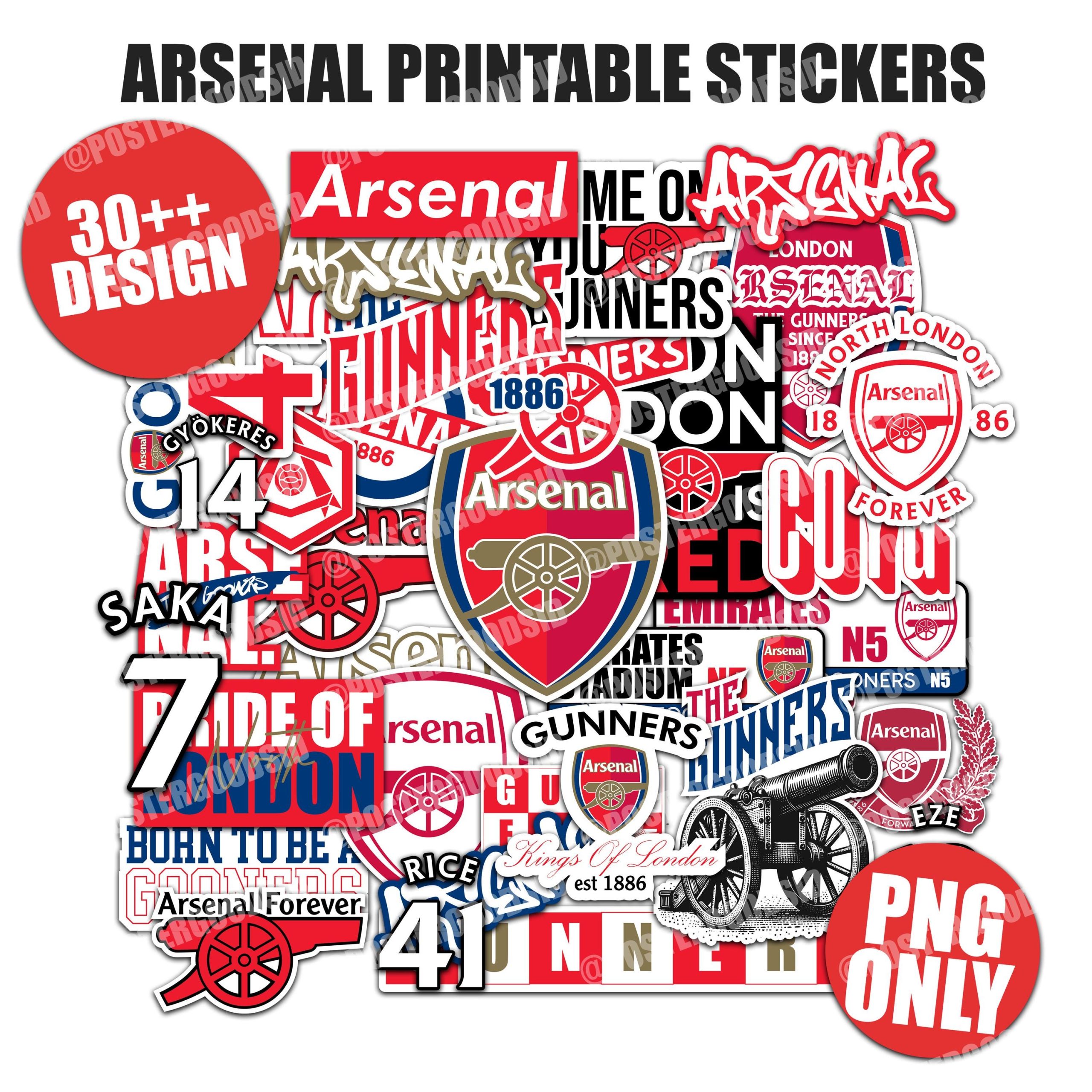 Arsenal FC Stickers: Football Fan PNG Graphics (Digital Download)